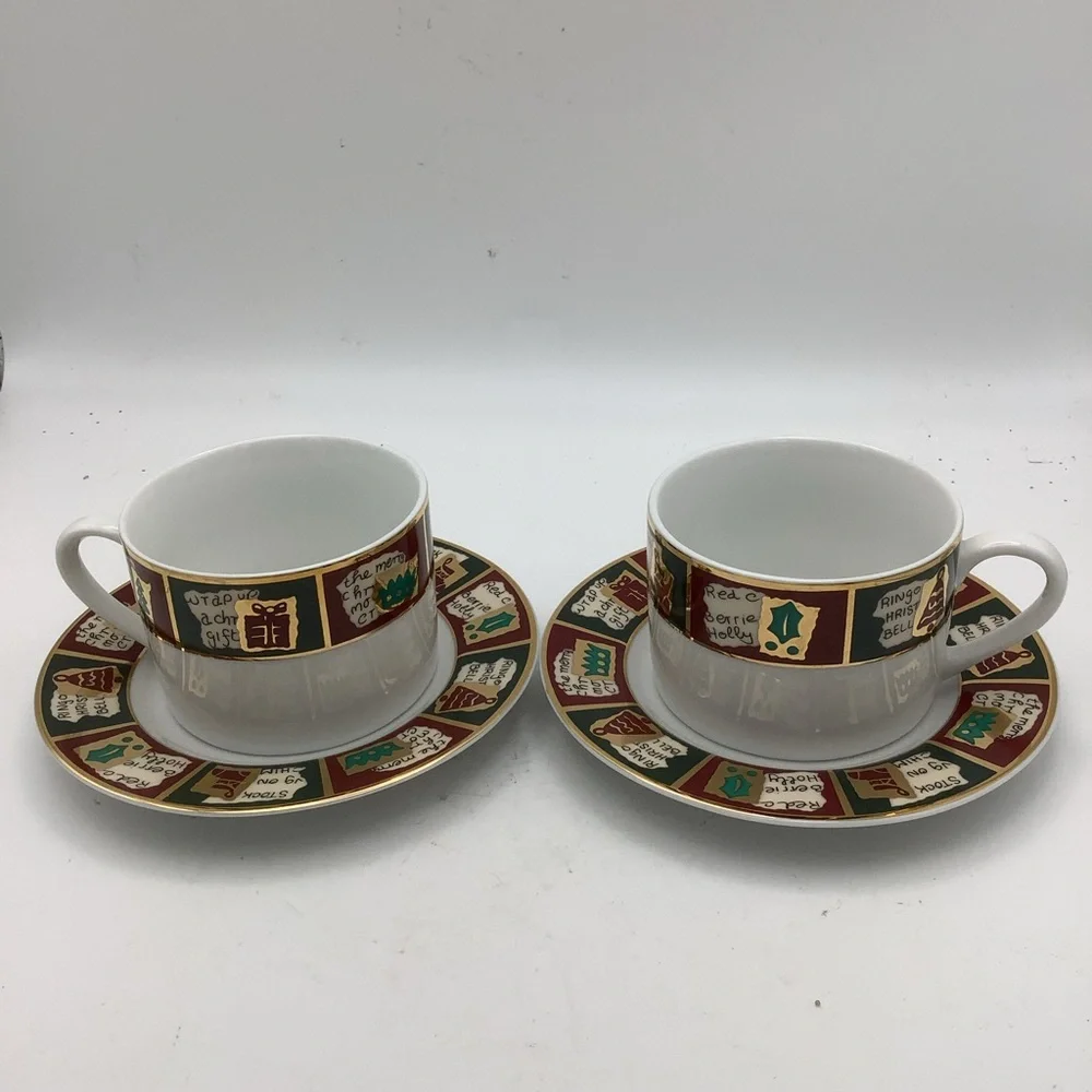 Two Pier 1 Yuletide Greetings Cup and Saucer Sets